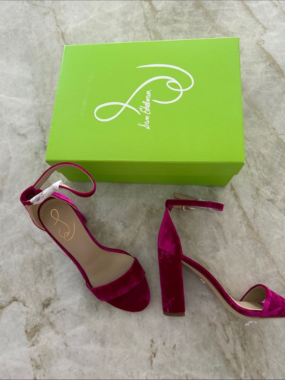 4 inch Sam Edelman Magenta Velvet Block Heel Sandals
